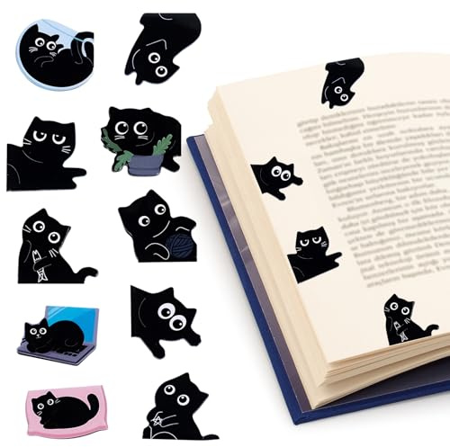 Lesezeichen Katze Magnetisch, 10 Stück Schwarze Katzen Bookmark, Magnet Lesezeichen für Kinder & Mädchen, Geschenkidee für Katzenliebhaber, Bücherwürmer und Leser