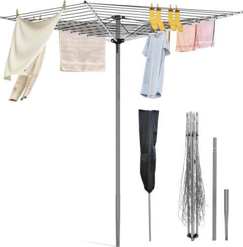 SYKIARIOL Tendedero giratorio de 40 m, 4 brazos, tendedero giratorio de jardín resistente, tendedero para exteriores con estaca y bolsa de almacenamiento