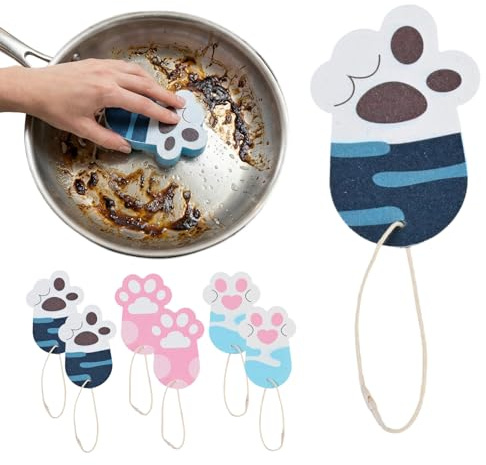 6 Piezas Esponjas de Cocina Reutilizables Diseño de Patas de Gato, Esponjas de Limpieza de Dibujos Animados para Colgar, Sin Rayaduras, Comprimidas para Platos, Ollas, Ventanas, Cubiertos, Tazas y Sar