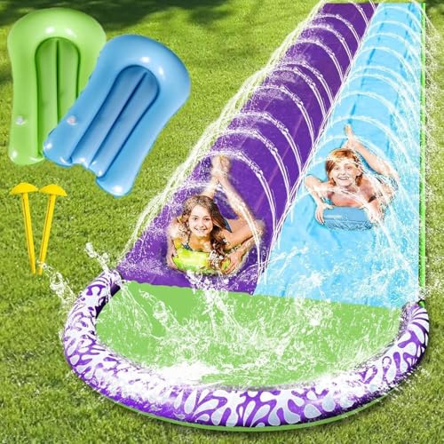CHANCCI Wasserrutsche Garten 15.8ft/480cm,Doppelrutsche mit Eingebautem Sprinkler,Aufblasbare Wasserrutsche mit 2 Aufblasbaren Boards,Wasserrutsches Garten für Kinder und Erwachsene