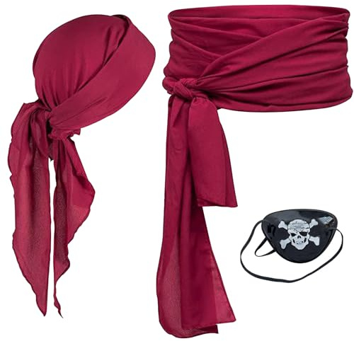 FOSDICK Kopftuch Damen Rot Schärpe mit Augenklappe, 3 Stück Piratenkostüm Damen Zubehör, Retro Rotes Tuch, Piraten Stirnband Taillengürtel, Rotes Kopftuch Pirat für Karneval, Cosplay, Party, Halloween