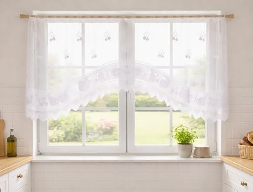 KAMACA Bistrogardine Weiß mit edler Bogenspitze – 80x150 cm – Transparente Scheibengardine mit eingewebtem Obst-Motiv – Elegante Landhaus-Deko für Küche & Esszimmer Küchengardine