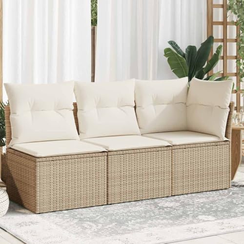 GeenYuu Gartensofa 3-Sitzer Beige mit Kissen aus Poly Rattan, wetterfestes Lounge-Set mit Stauraum, modular für Balkon, Terrasse, Wintergarten, Patio, entspannen mit Polster und Sitzgruppe