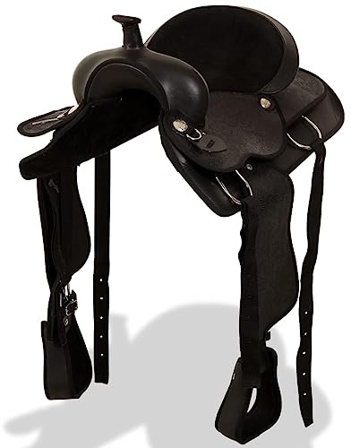Runheo Sillín Western de piel auténtica, 16 pulgadas, color negro, con cabestro en el pecho, comodidad y correa resistente para entrenamiento versátil y deportes ecuestres