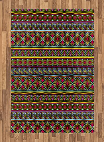 Ambesonne African Area Rug, Colorful Diamond Motifs with Angled Lines Lively Palette Geometric Borders, Flat Woven Accent Rug for Living Room Bedroom Dining Room, 4' X 5' 7, Multicolor