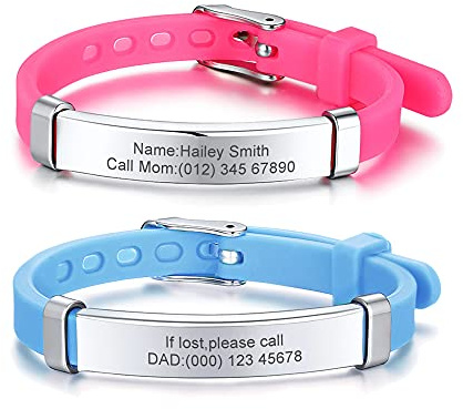 PJ JEWELLERY Pack of 2 Assorted Color Personalised Stainless Steel Soft Silicone Child Safety ID Bracelets Adjustable Anti-Lost ID Wristbands for Kid Girls Boys