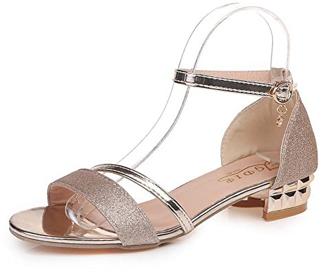 ERLINGO Sandales à talon carré bas pour femme avec strass scintillants et bride de cheville - Sandales de fête de bal de fin d'année, de mariage, de demoiselle d'honneur, doré, 39.5 EU