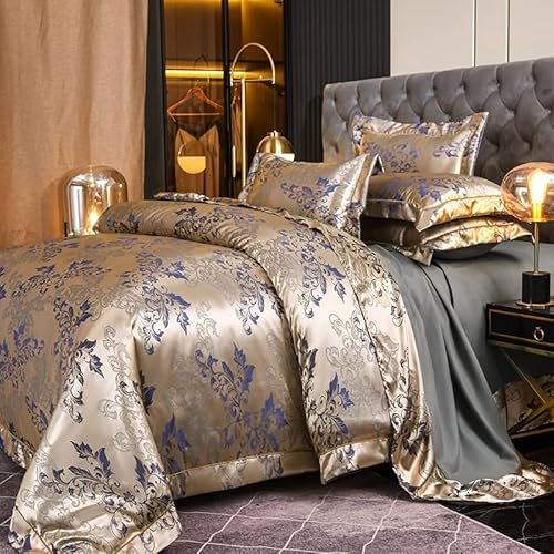 DXHOME Juego de ropa de cama de satén de 200 x 220 cm, color dorado y azul, estético, liso, brillante, brillante, diseño floral, funda nórdica con cremallera y 2 fundas de almohada de 80 x 80 cm