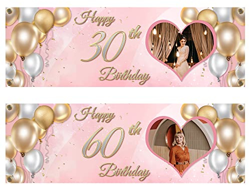 Cartel Cumpleaños Personalizado Pancarta Feliz Cumpleaños, Fondo de Decoración de Cumpleaños con Foto,Banner de edad Personalizado - 100X250CM/120X300CM Decoraciones de Fiesta Rosa
