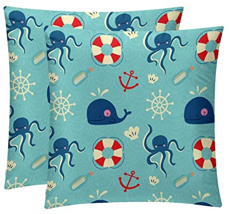 2er-Pack, dekorative quadratische Kissenbezüge, Kissenbezüge, Heimdekoration, Dekorationen für Sofa, Couch, Bett, Stuhl, Oktopus, Wale, Kompass, Rettungsring
