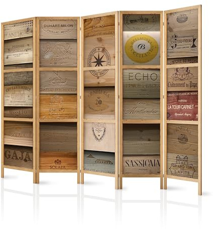 murando - Paravent Raumteiler Holz Botanik, 225x172 cm, 5-teilig, modern | Mobiler Sichtschutz, sofort einsatzbereit, Holzrahmen, ideal fürs Wohnzimmer oder Büro, geruchsneutral, lichtbeständig