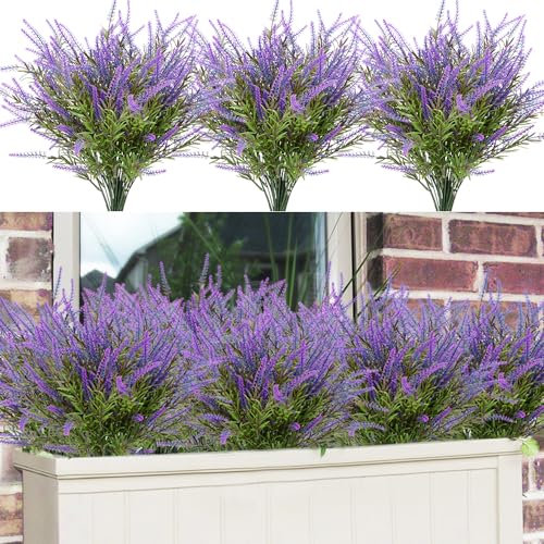 12 Bundles Outdoor Artificial Flowers Lavender Artificial Plants Fake Bushes Artificial Shrubs Greenery Plastic Outdoor UV Resistant Faux Lavender Purplish Blue