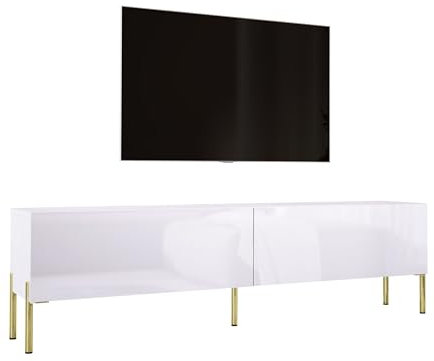 3E 3xE living.com TV-Lowboard Farbe: Weiß Matt/Weiß Glanz, goldene Beine, A: 170x32x52 cm (BxTxH)