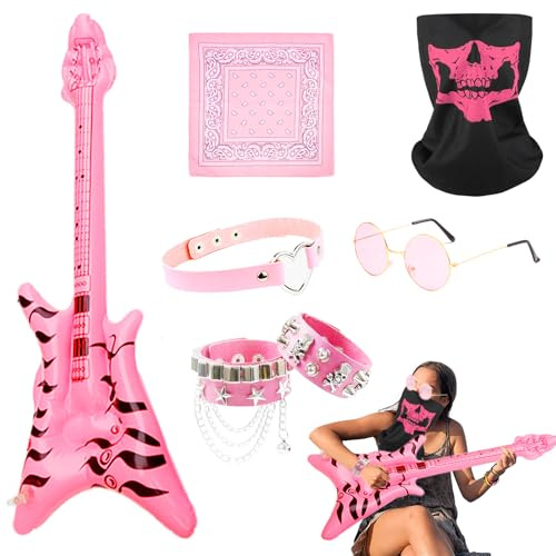 Carreuty 7Pcs Rockstar Fancy Dress Pink, Inflatable Guitar Punk Rockstar Accessories Rock Star Heavy Metal Punk Gothic Rocker Costume Set with Sunglasses Bandana Bracelet Collar Mask 80s Fancy Dress