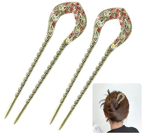 2 Pezzi Forcine a Forma di U Metallo, Fermaglio per Capelli Elegante, Stile Francese, Retrò Forcella per Chignon e Updo, Acconciatura Accessori per Capelli per Donne e Ragazze (Rosa)