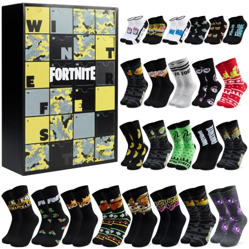 Get Trend Fortnite Strumpor adventskalender 2025, 24 par strumpor storlek EU 39–43, jul nedräkningskalender, gaminggåvor för pojkar, tonåringar och män, svart/gul