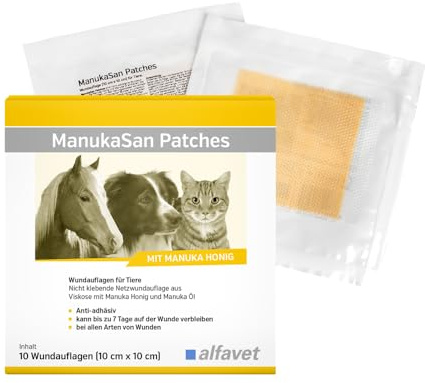Alfavet ManukaSan Patches 10 x 10 cm | 10 Stück | Wundauflagen für Tiere | Nicht klebende Netzwundauflagen aus Viskose mit Manuka Honig und Manuka Öl | Bei Allen Arten von Wunden