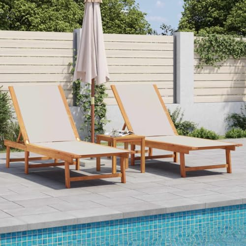 Mokuyary Set di 2 lettini da giardino in legno massiccio di acacia e textilene, con schienale regolabile, per giardino, balcone, terrazza, campeggio, spiaggia, piscina