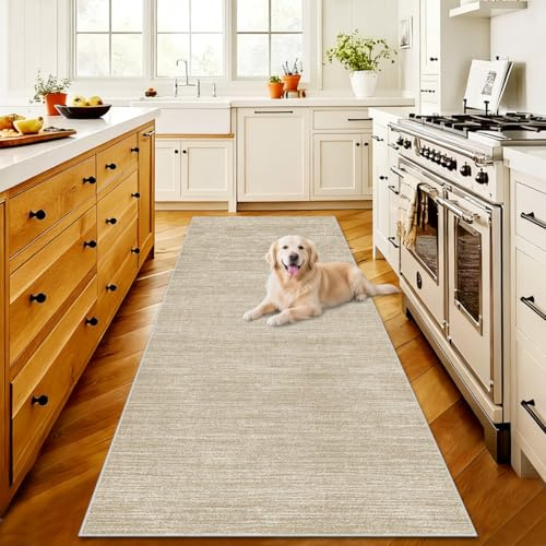 AYHSMNOU Läufer Teppich Flur Küchenteppich rutschfest Waschbare Teppichläufer Lang Läufer Flur Modern für Flur Küche Eingang Matte Wohnzimmer Schlafzimmer Vorzimmer Korridor Beige 100 x 220 cm