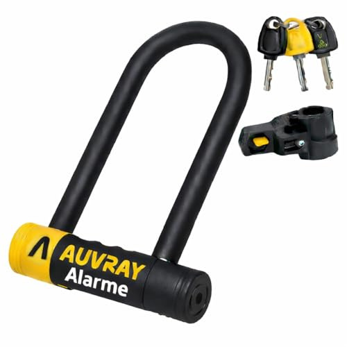 AUVRAY - Antivol U Alarme 120 DB pour Moto et vélo ø14mm, 3 clefs fraisées et Support Inclus, Antivol Haute résistance, Acier trempé, Serrure Anti crochetage, 90 x 210 mm