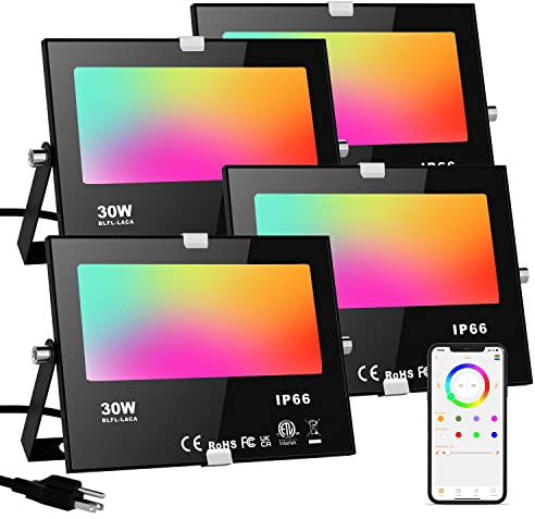 LED Flood Lights RGB Color Changing 300W Equivalent Outdoor, 30W Bluetooth Smart RGB Floodlight APP Control, IP66 Waterproof, Timing, 2700K&16 Million Colors 23 Modes for Garden Stage Lighting 4 Pack
