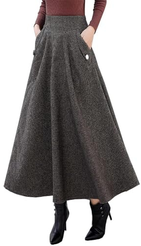 Plaid Skirt for Women High Waisted A Line Pleated Warm Winter Fall Wool Maxi Long Skirt (Coffee, S)