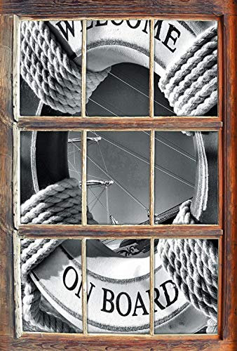KAIASH 3D Wandsticker Monocrome Rettungsring vor Schiff Fenster im 3D Look Wand oder Türaufkleber Wandsticker Wandtattoo Wanddekoration 62x42cm
