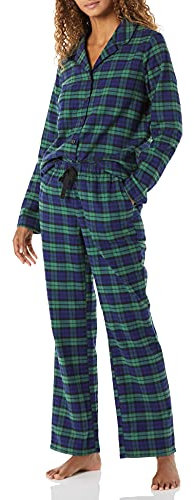Amazon Essentials Set pigiama da donna in flanella a maniche lunghe con bottoni sul davanti e pantaloni, blu cobalto verde a quadri Blackwatch, M