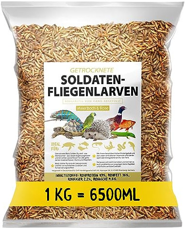 Soldatenfliegenlarven getrocknet 1kg (entspricht 6,5 Litern), Black Soldier Flys, Vogelfutter, Igelfutter mit Insekten, Fischfutter, proteinreicher Snack für Reptilien und Schildkröten