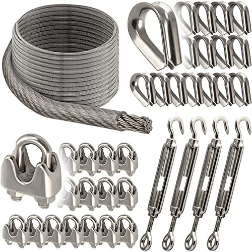 OPIOL QUALITY® 40m Drahtseil Transparent ummantelt 2mm, 16x Drahtseilklemme ähnl. DIN 741 2mm, 16x Kausche 2mm ähnl. DIN 6899, 4x Spannschloss Auge/Haken M4 Sonnensegel Set Edelstahl A4 Hanging Kit