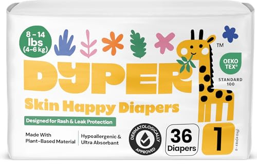 DYPER Baby Diapers Size 1 (8-14lbs) 36 Count Plant-Based, Day & Night