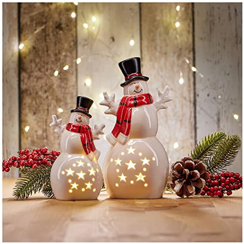 COM-FOUR® 2X LED Schneemann als dekorative Beleuchtung - Lichterstatue - Weihnachtsfigur aus Keramik - LED-Beleuchtung mit Timer-Funktion als Stimmungslicht (02 Stück - Keramik Schneemann - Timer)