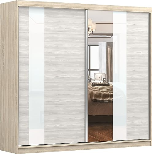Fabryka Mebli Idźczak Kleiderschrank mit Spiegel, Schiebetüren - Schwebetürenschrank, Schlafzimmerschrank - ‎61 x 233 x 218 cm - Sonoma Schrank für Schlafzimmer, Ankleidezimmer, Garderobe