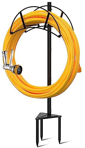 Suchek Metal Garden Hose Holder Stake, Freestanding, Heavy Duty Water Hose Stand, In Ground Hose Rack Organizer for Outside Yard (Black)