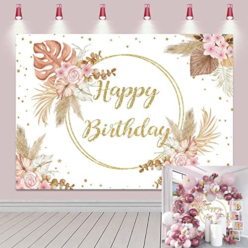 8x6FT Toile de Fond bohème « Happy Birthday » pour Filles - Rose - Herbe de la Pampa - Motif Floral à Pois dorés - Décoration de fête bohème - Bannière de Table de gâteau