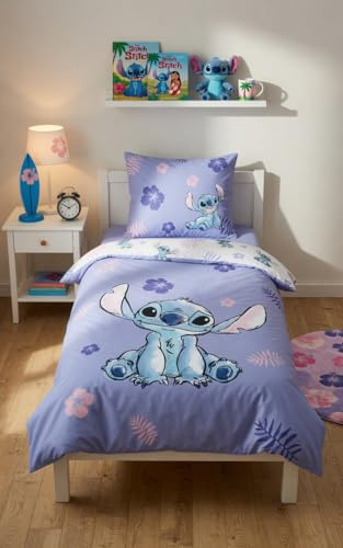 Stitch Lilo Azul Morado Funda Nórdica Cama 90 140x200 + Funda Almohada | Ropa de cama reversible | Algodón natural transpirable Oeko-Tex | Disney | Adolescente | Regalo | Lavable a máquina
