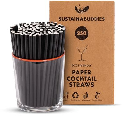 SustainaBuddies 250 Cocktail Disposable Paper Drinking Straws | FSC-Certified, Biodegradable and Compostable | Strong and Durable