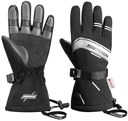 KINGSBOM Wasserdicht Ski- und Schnee-Handschuhe, 3M Thinsulate Winter Warm Touchscreen Snowboard Handschuhe für Herren & Damen - Schwarz(M)