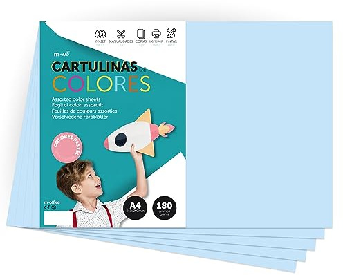 m-office Cartone colorato, formato A4, colori pastello, fogli colorati da 180 g, per artigianato, stampa documenti e disegni creativi, 25 fogli, Blu chiaro