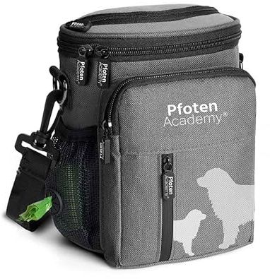 Pfoten Academy® Futterbeutel für Hundetraining – entwickelt von Hundetrainern – Doppelöffnung für schnellen Leckerli-Zugriff, Kotbeutelspender, 5 Taschen & 3 Trageoptionen – Anthrazit