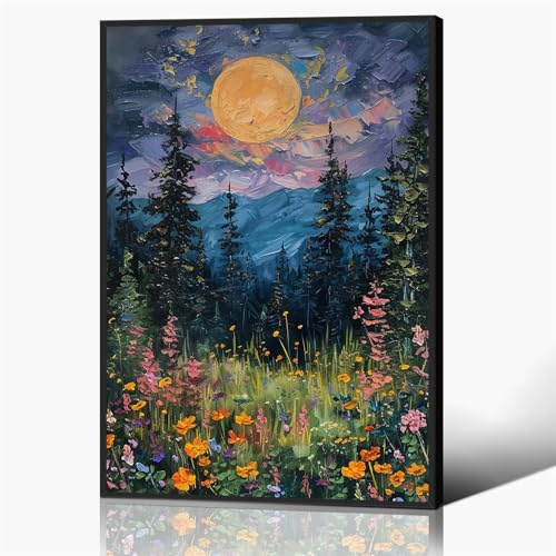 Yuaruo Toile murale vintage pleine lune au-dessus des fleurs sauvages, art de la forêt de minuit mystique, affiche rétro, fleurs et arbres rétro, peinture à l'huile, paysage de la forêt sombre, 30,5 x