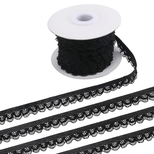 GORGECRAFT 9m Rotolo di Pizzo Elastico Nero 13mm di Larghezza Motivo Floreale Nastro di Pizzo Elastico Rifinitura Bordi Pizzo All'Uncinetto Cucito per Artigianato Fai-Da-Te Indumenti Confezioni Regalo