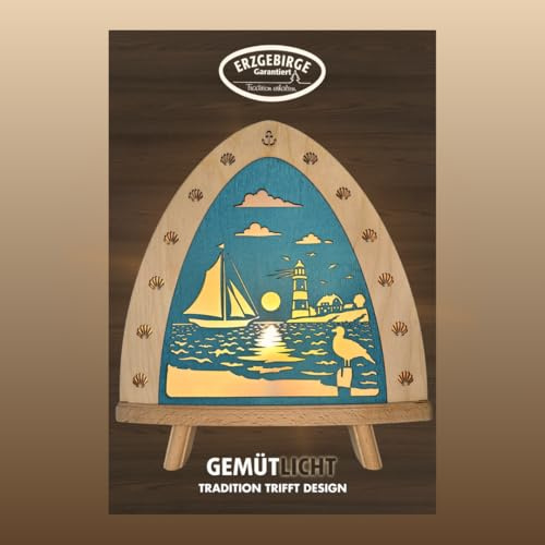 weigla - Dekoleuchte original Erzgebirge I Motiv Maritim I 1 LED Lampe I 0,8 W, E14 I Ganzjahresdeko innen I Maritime Beleuchtung aus Holz I Fensterdeko