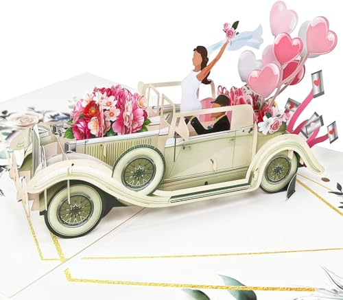 YianHien Carte de mariage, voiture de mariage, carte pop-up 3D, pour mariage, lune de miel, anniversaire, Saint-Valentin, cadeau de mariage romantique pour couple de mariés, emballage cadeau d'argent