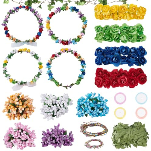 INFUNLY 12 Set DIY Blumenkronen Bastelset Feenblumen Stirnbänder Und Armbänder Basteln Sie Ihren Eigenen Blumenkranz Handgefertigtes Blumengirlanden Set Blumenkronen Kopfhaar Für Hochzeiten