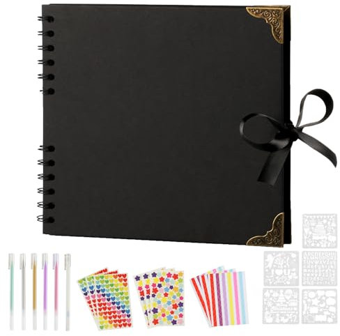 Album Fotografico Personalizzabile, 205 x 205 mm Album Fotografici Scrapbooking Kit, Fai Da Te Album per Foto da Incollare 30 Pagine, Regalo per Anniversario Matrimonio, Ricchi Accessori, Nero