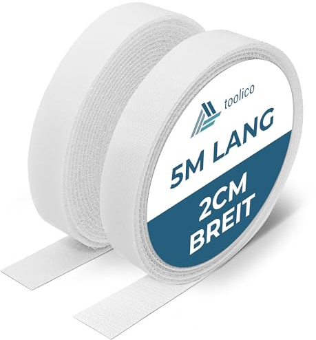 TOOLICO® Klettband selbstklebend weiß 5m x 20mm - extra starkes doppelseitiges Klettverschluss-Set - 2 Rollen Haken- & Flauschband, zuschneidbar, hitzebeständig - für Teppiche, Möbel & Wohnmobil