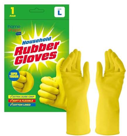 HOMESHOPA Large Household Rubber Gloves, 1 Pair Yellow Extra Thick Cleaning Washing Up Gloves, Non Slip Kitchen Dishwashing Gloves with Cotton Lining, Soft Flexible Reusable Waterproof