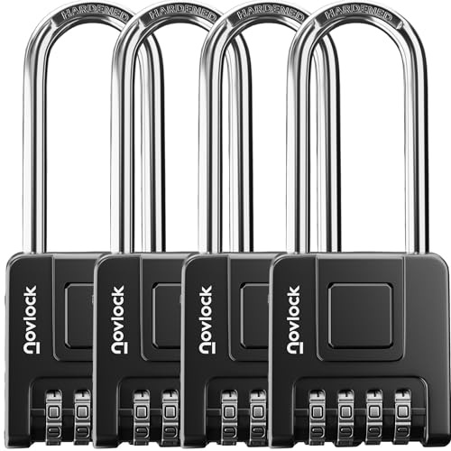NOVLOCK Candado de combinación con arco largo de 7 cm – resistente e impermeable, código de 4 cifras, para uso exterior e interior: portones, vallas, cobertizos, taquillas, armarios – 4 unidades,negro