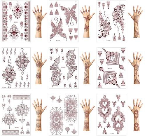 OPUHOHR 10 Sheets Henna Temporary Tattoo, Lace Semi Permanent Tattoo Stickers, Vintage India Sexy Hands Temporary Stickers for Women Finger Girls Adults